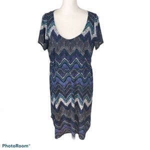 Igigi Chevron Blue Banded Waist Midi Dress Women’s Sz 12